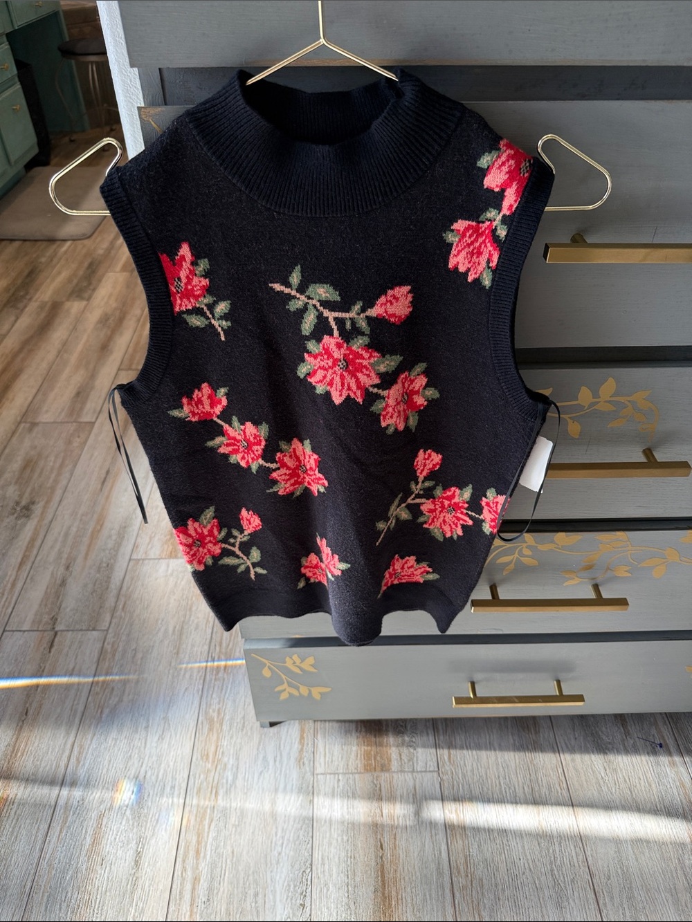 Draper James Black Knit Sleeveless Vest with Pink Floral Embroidery